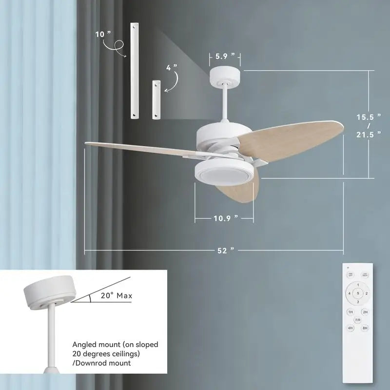 52" LED Indoor White Smart Ceiling Fan with Remote Control for Home Use