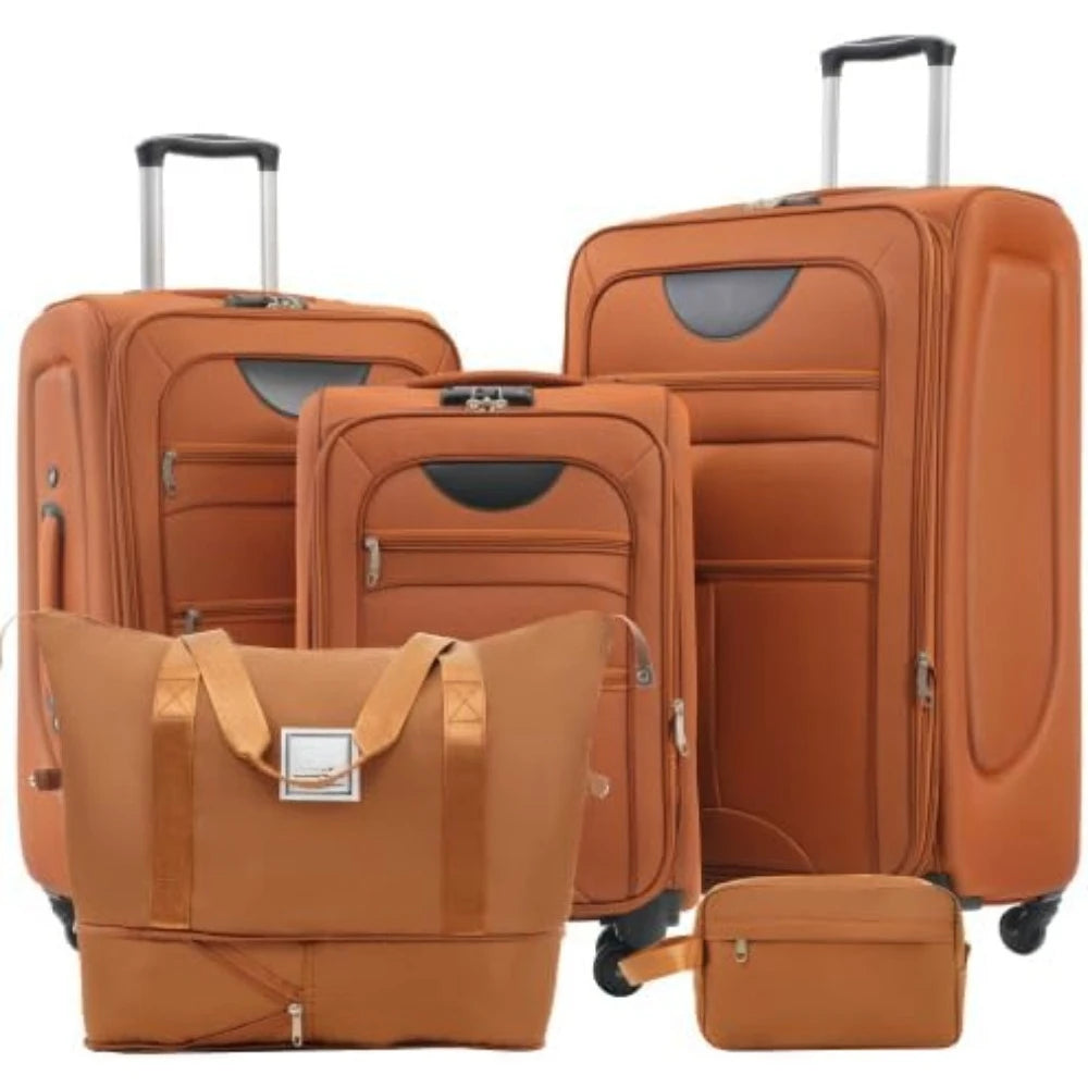 Lightweight and expandable soft-sided luggage set, large capacity suitcase with rotating wheels and adjustable telescopic handle