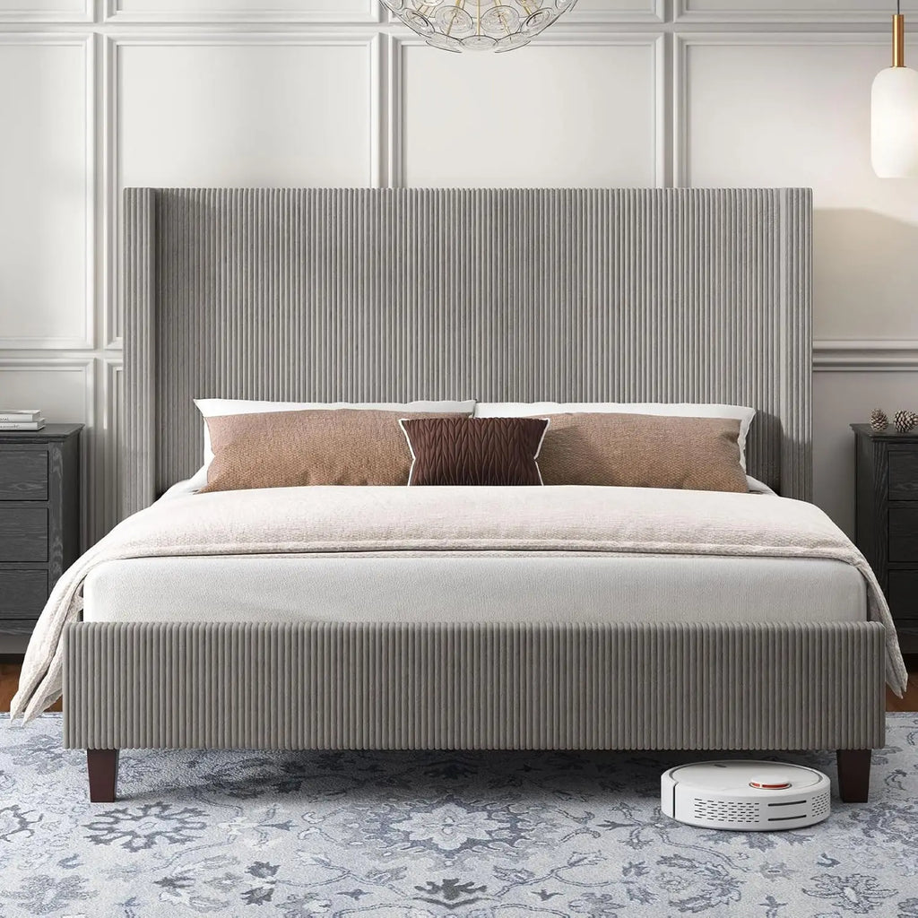 King Size Upholstered Platform Bed Frame, Wingback Bed With 50.8" Headboard, Corduroy/Solid Wood Leg/No, Customized