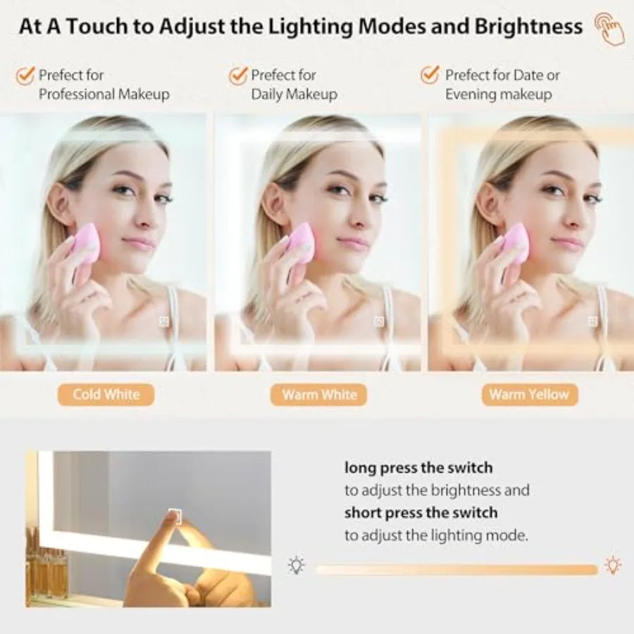 51.8" White Vanity Desk Mirror LED 3 Color RGB 8 Drawers Charging Station Stool Shelves Bedroom Makeup Table, Customized