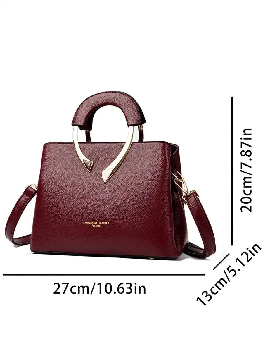 Burgundy Top-Handle Handbag with Metal Arch Handle and Textured Faux Leather