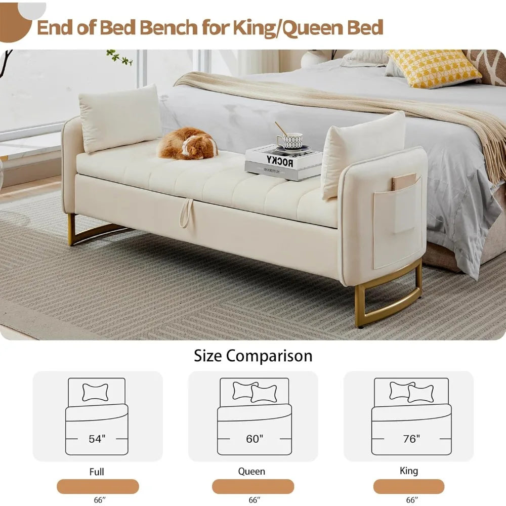 Velvet Storage Bench with Arms Gold Legs 2 Pillows Pockets King Bedroom Living Room Entryway 66", Customized