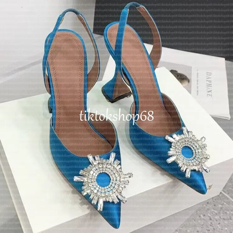Amina muadii heels designer sandals womens wedding dress shoes satin pointed slingbacks bowtie pumps crystal sunflower flower hi