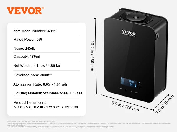 VEVOR Scent Air Machine 180/480/850ml Bluetooth Smart Essential Oil Diffuser Waterless HVAC for Home Office, Hotel