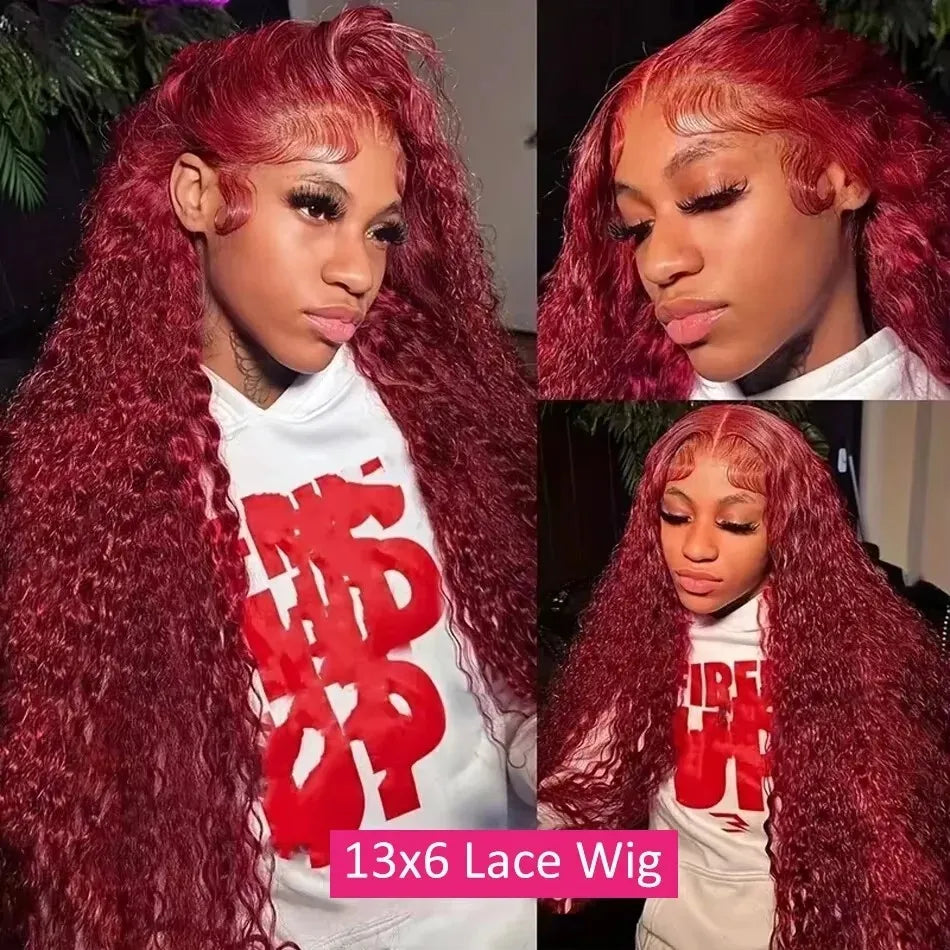 Deep Wave Human Hair Wigs 99J Burgundy 13X6 Hd Lace Frontal Wig 13X4 Human Hair 250 Density Water Wave Preplucked Brazilian Wig