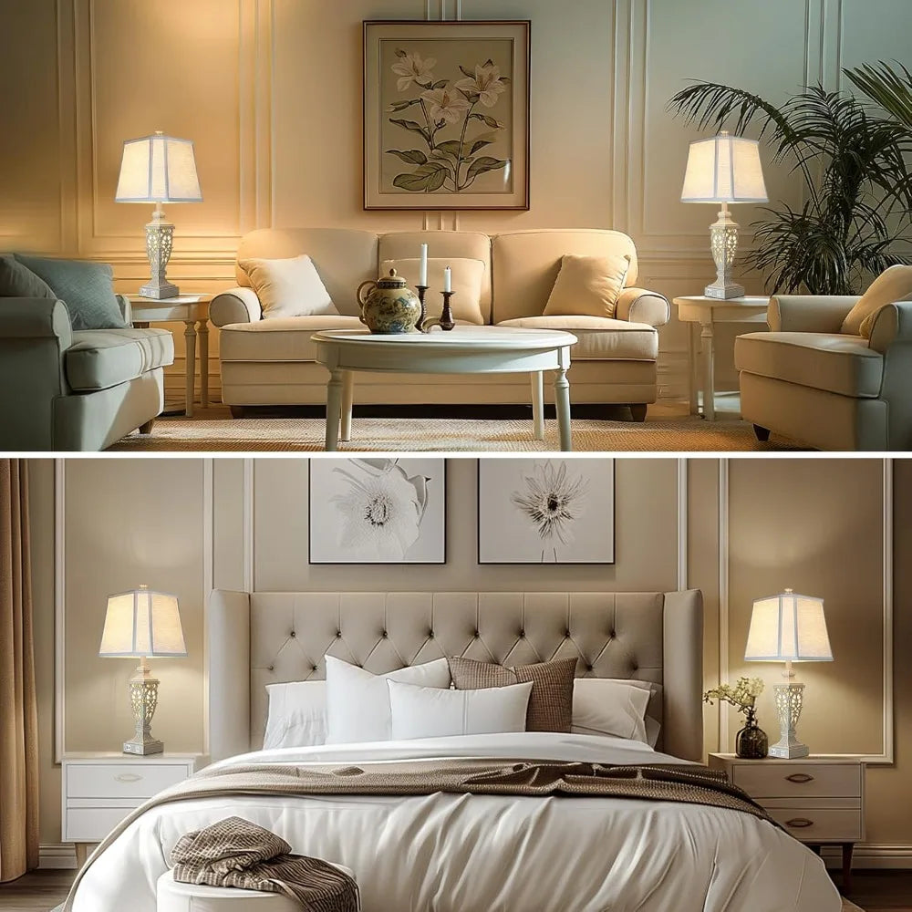 28.5" Table Lamps Set of 2 with Night Light, USB A+C Ports, White Linen Shade for Living Room Bedroom Office (Bulb Included)