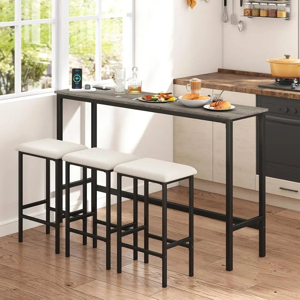 4-Piece Counter Height Bar Set with Outlet, 60 Dining Table & 3 Padded Stools, Kitchen Island Table with Upholstered Chairs for
