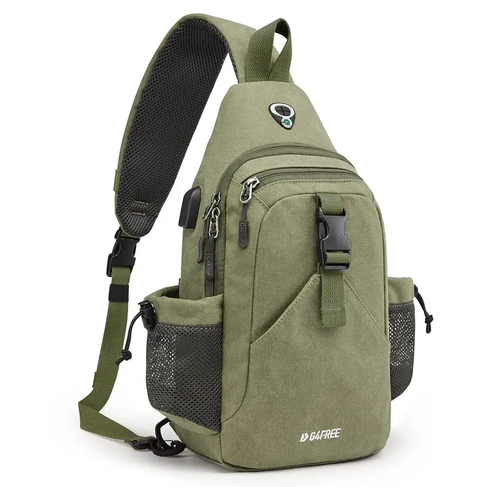 Canvas Sling Bag Crossbody Backpack with USB Charging Port & RFID Blocking, Hiking Daypack Chest Bag for Women Men