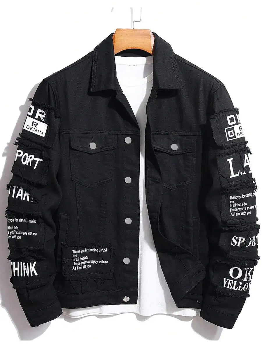 Men's Yellow Distressed Denim Jacket with Slogan Patches, Long Sleeve, Casual Fall Wear