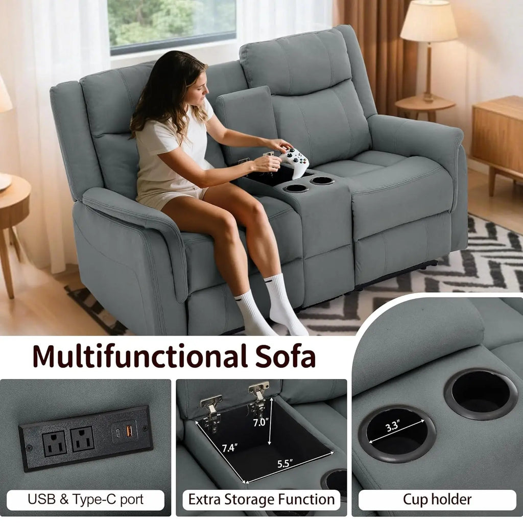Reclining Loveseat With Console USB Port Outlets Cup Holders 2-Seater Living Room, Customized