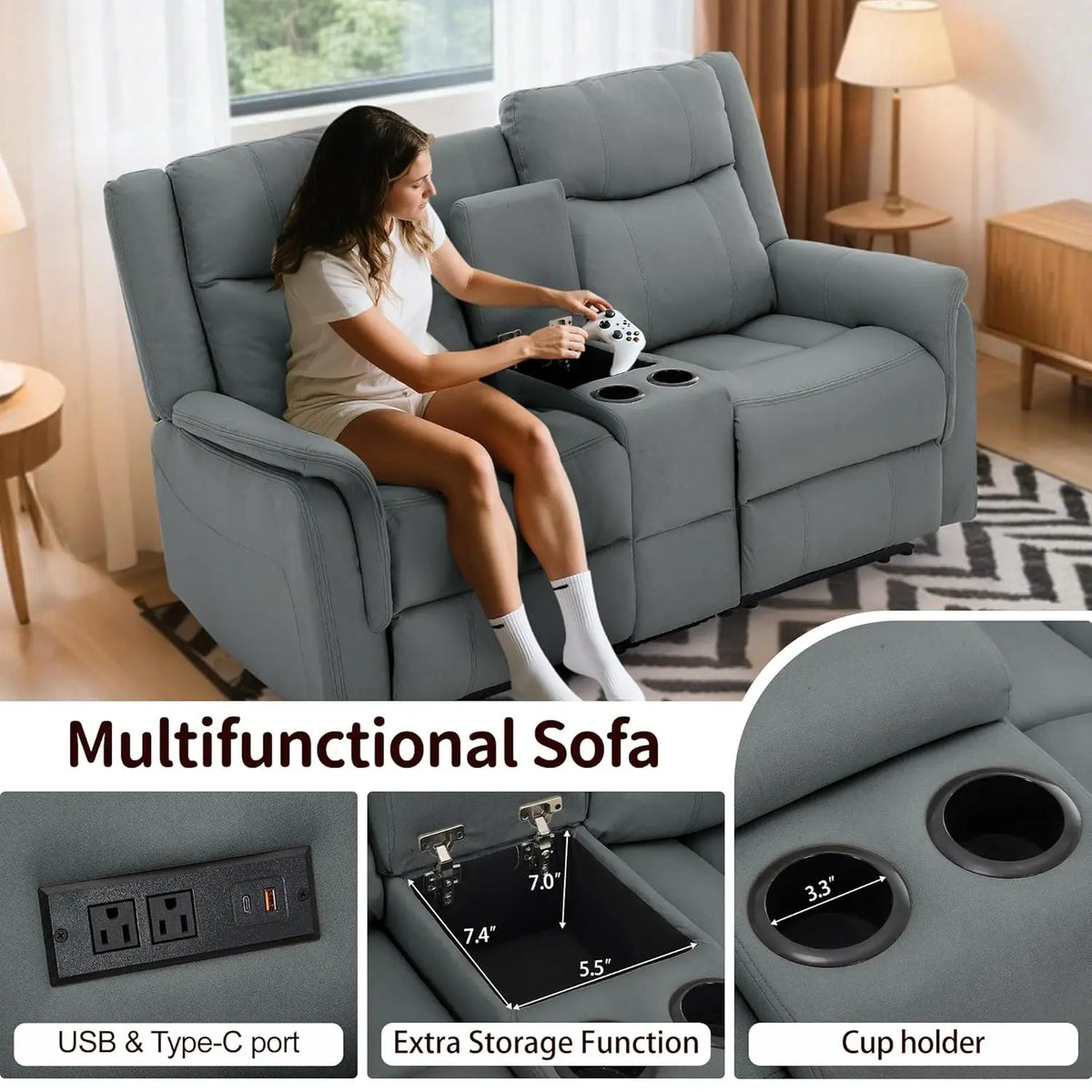 Reclining Loveseat With Console USB Port Outlets Cup Holders 2-Seater Living Room, Customized