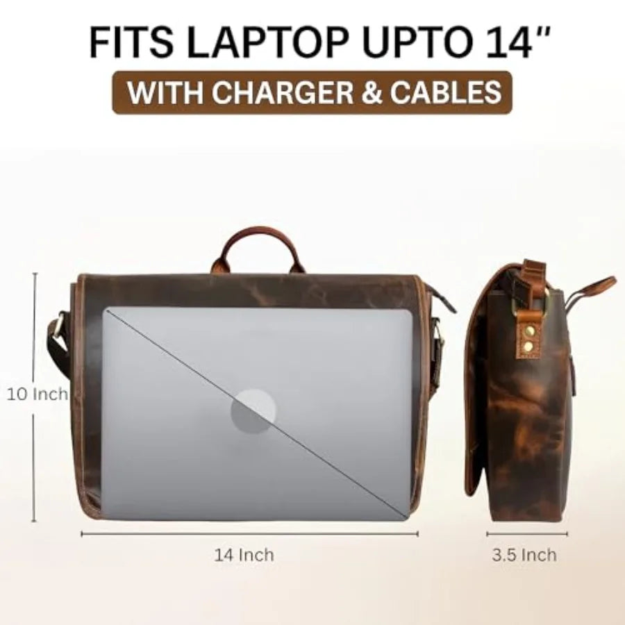 Leather Messenger Bag for Men 14" Leather Laptop Bag Vintage Crossbody Office Satchel Travel Shoulder Bag