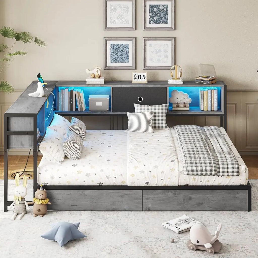 Corner Full Bed Frame LED Bookcase Storage Drawers Charging Station Metal Platform Daybed Bedroom Guest Room Oak Gray, Customize