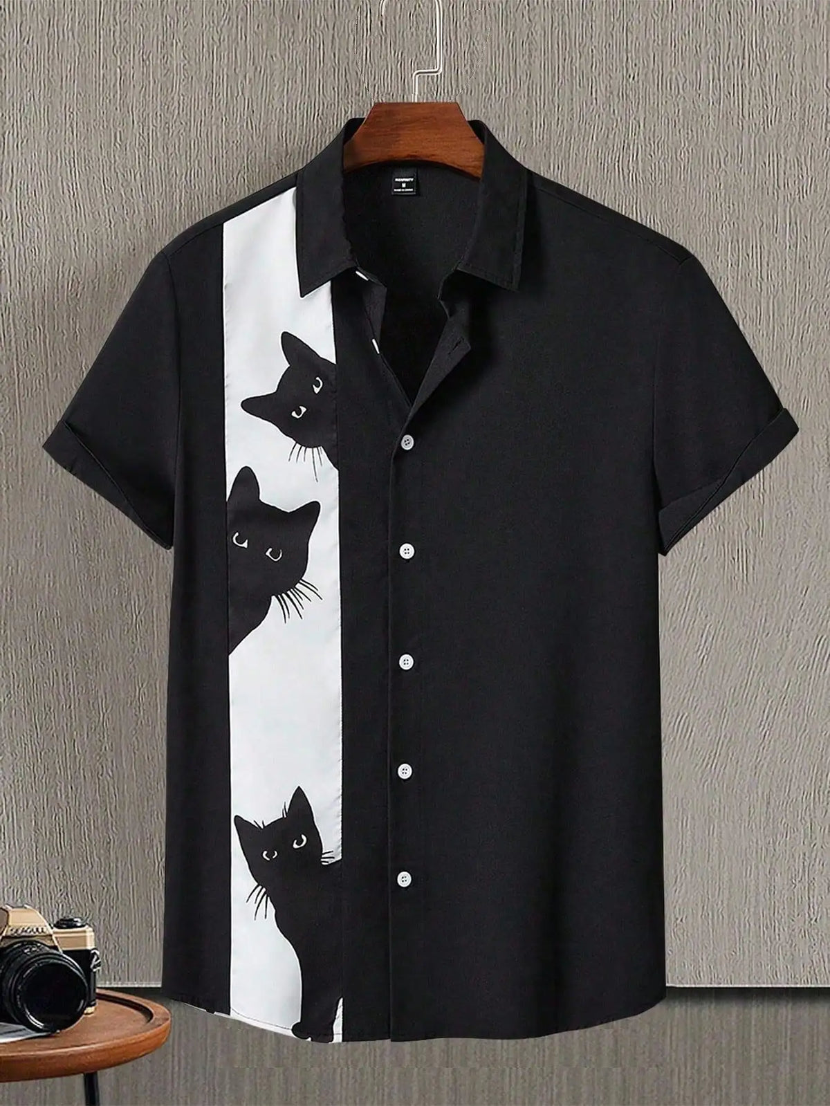 Men's Black Short Sleeve Button-Up Shirt with Cat Graphic Print