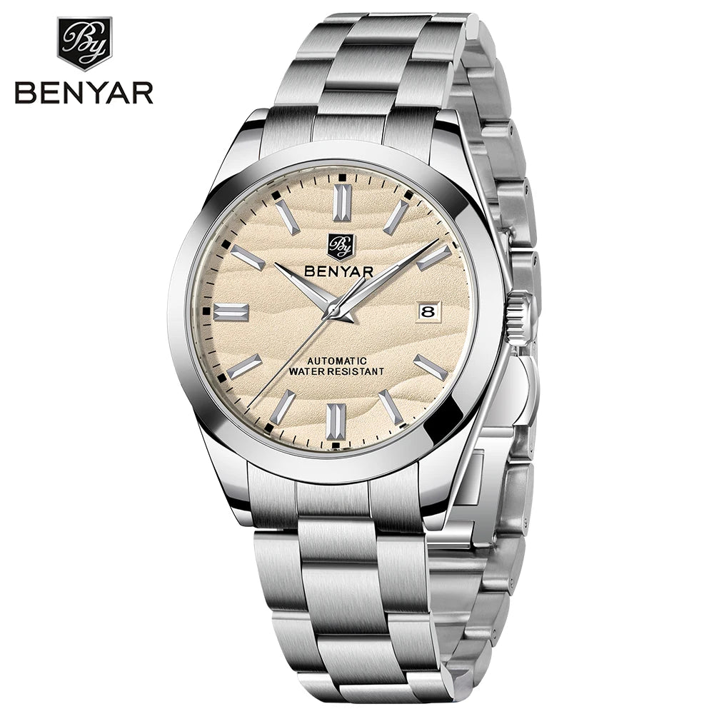 Benyar Men's Luxury Sand Particle Mechanical Watch 40mm Particle Size 316L Stainless Steel 5Bar Waterproof Automatic Watch