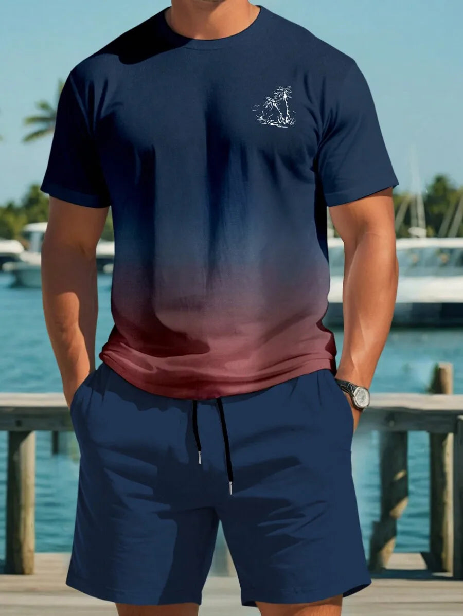 Men's Gradient Ombre T-Shirt and Shorts Set, Casual Loose Fit Beachwear