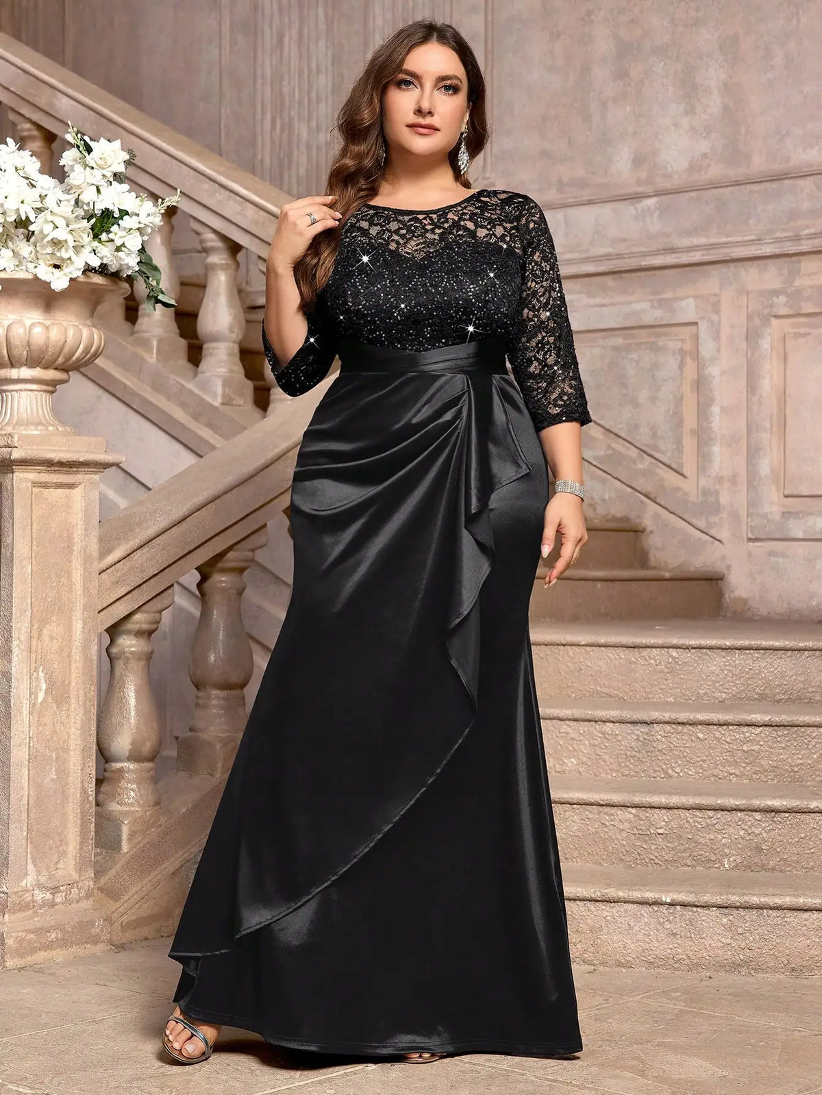 Sequin Floral Lace Ruffle Satin Maxi Dress For Evening Wedding Guest Gala