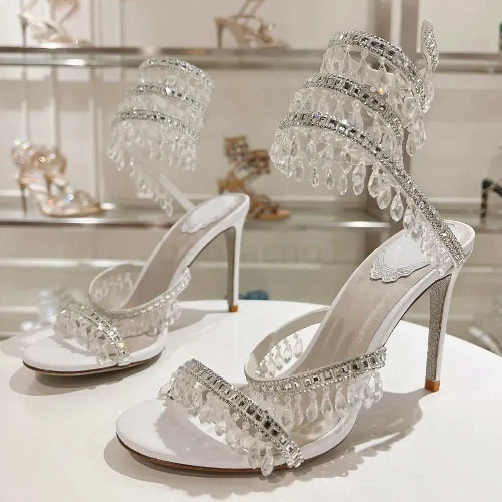 95mm Ankle strap Wraparound women high heeled sandal rhinestone flower Evening shoes Large size 34-43 Bring box heels