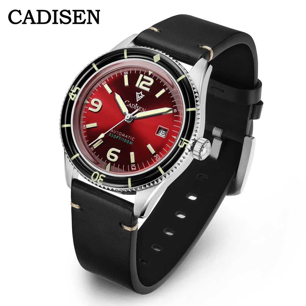CADISEN NEW Watches Mechanical Automatic Wristwatches MIYOTA 8215 Movement Genuine Leather Waterproof Luminous Red Watch of Men
