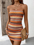 Women's Geometric Print Strapless Bodycon Mini Dress for Beach Vacation