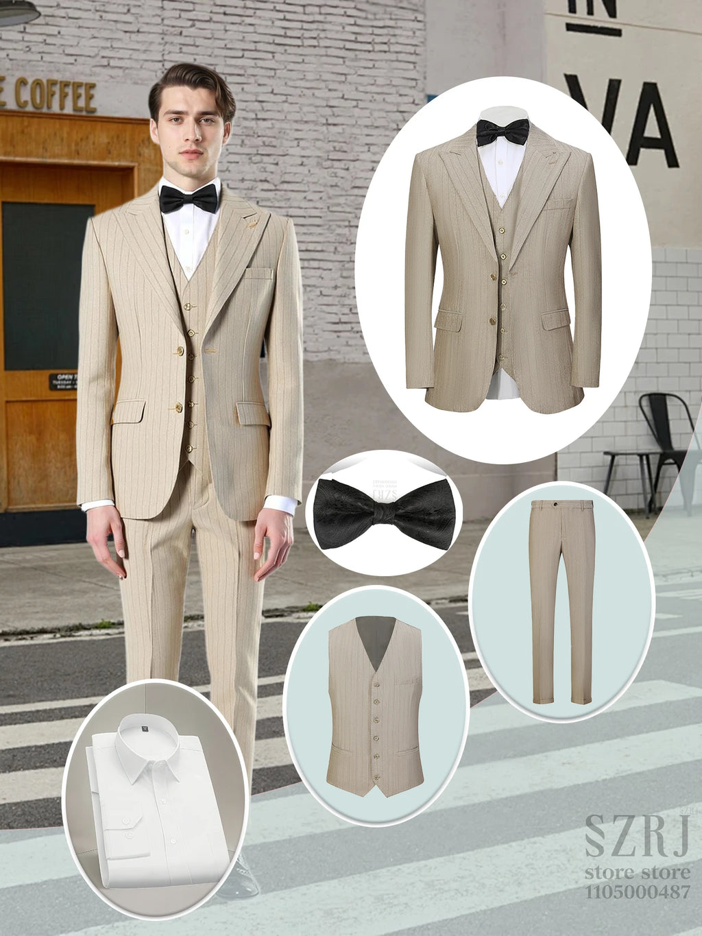 Men's 5-piece vertical striped suit+double button jacket+pants+white shirt+black tie, suitable for wedding/business/daily wear