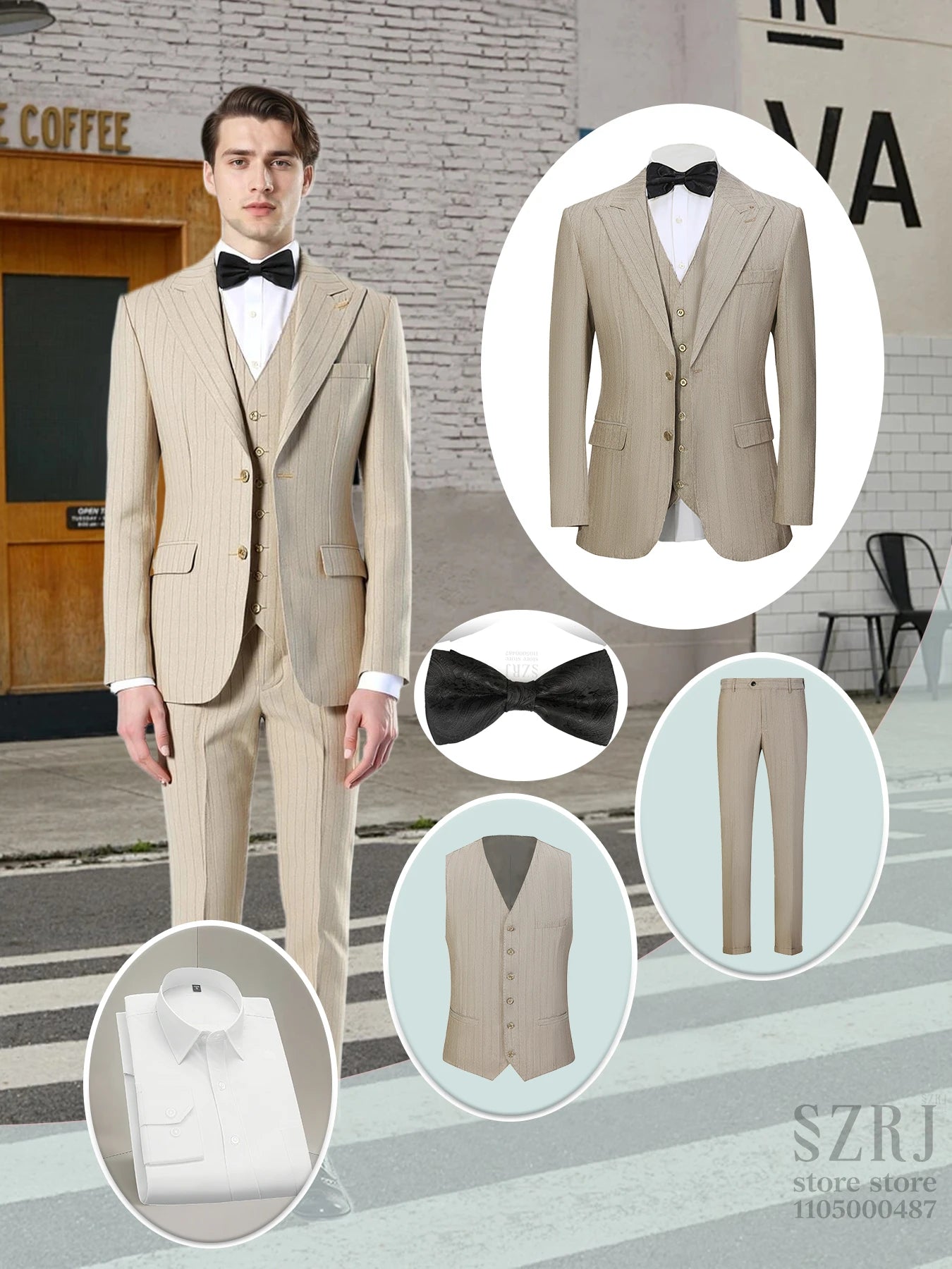 Men's 5-piece vertical striped suit+double button jacket+pants+white shirt+black tie, suitable for wedding/business/daily wear