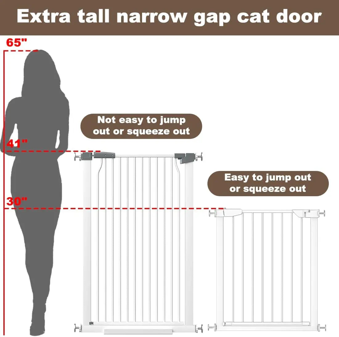 41" Extra Tall Cat Gate for Doorway, Pressure Mounted Metal Pet Baby Safe Fence with Expansion Kit, No Drilling White