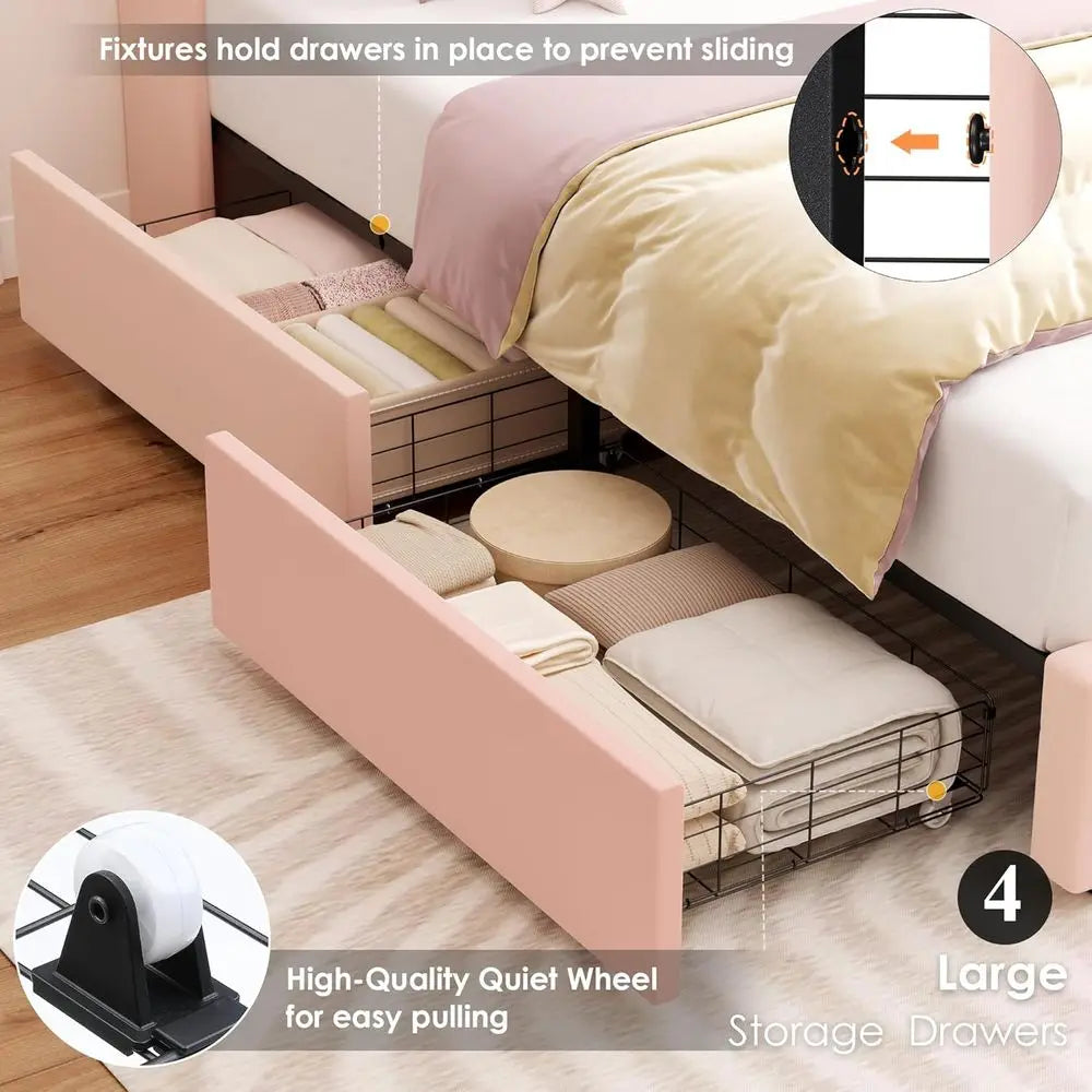 HIIT Upholstered Full Size LED Bed with Charging Station & 4 Storage Drawers, Velvet Crystal Button-Tufted Wingback Headboard, P