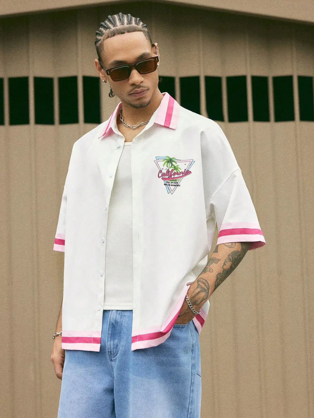 Men's Oversized Woven Short Sleeve Shirt with Graphic Print, Streetwear Style