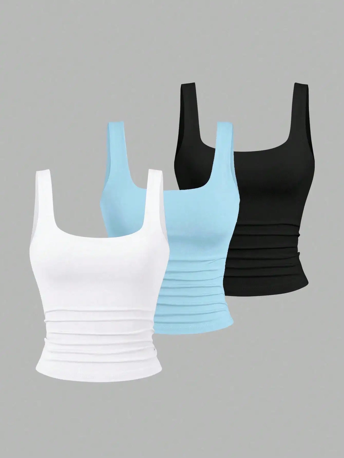 Women's Ruched Square Neck Tank Top Set, Casual Summer Floral & Solid Colors