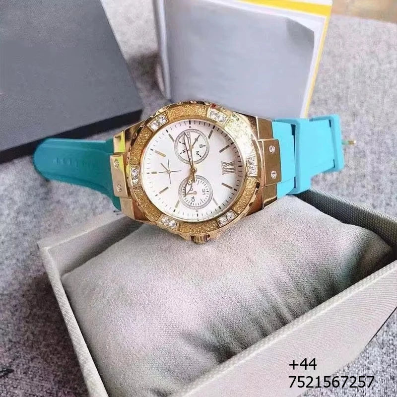 Luxury Quartz Watch Set Stainless Steel Case Silicone Strap Chronograph Diamond Dial Waterproof Couple Wristwatch Women