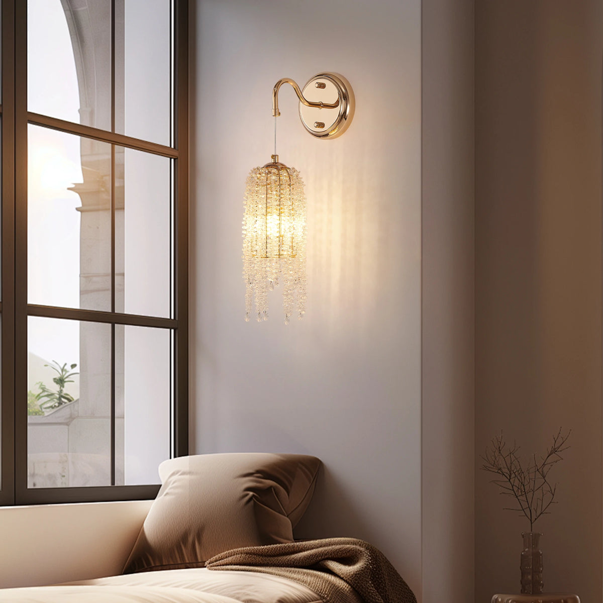 Luxury Gold Crystal Tassel Wall Sconce Adjustable Cord E12 Base Wall Chandelier for Living Room Bedroom Bedside Background Wall