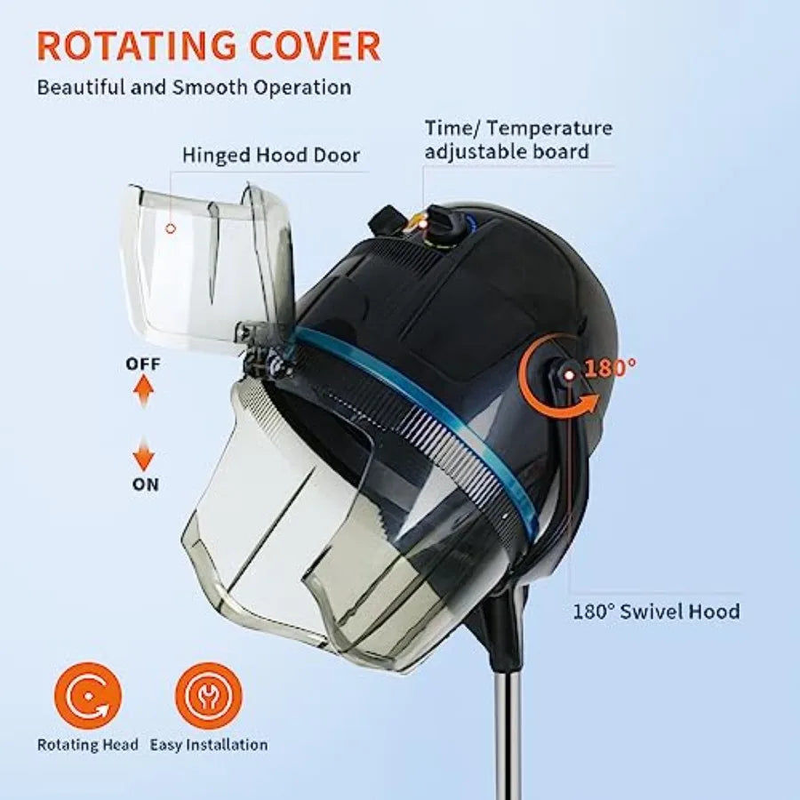 Professional Height Adjustable Hair Dryer Hooded Floor Standing Bonnet Hair Dryer with Rolling Base and Wheels for Beauty Salon