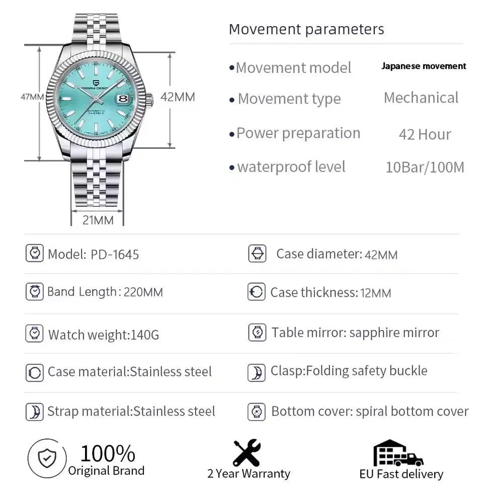 PAGANI DESIGN 42MM sky blue Men Watch Top Brand Luxury Automatic Watch Stainless Steel Waterproof Mechanical Watches For Men