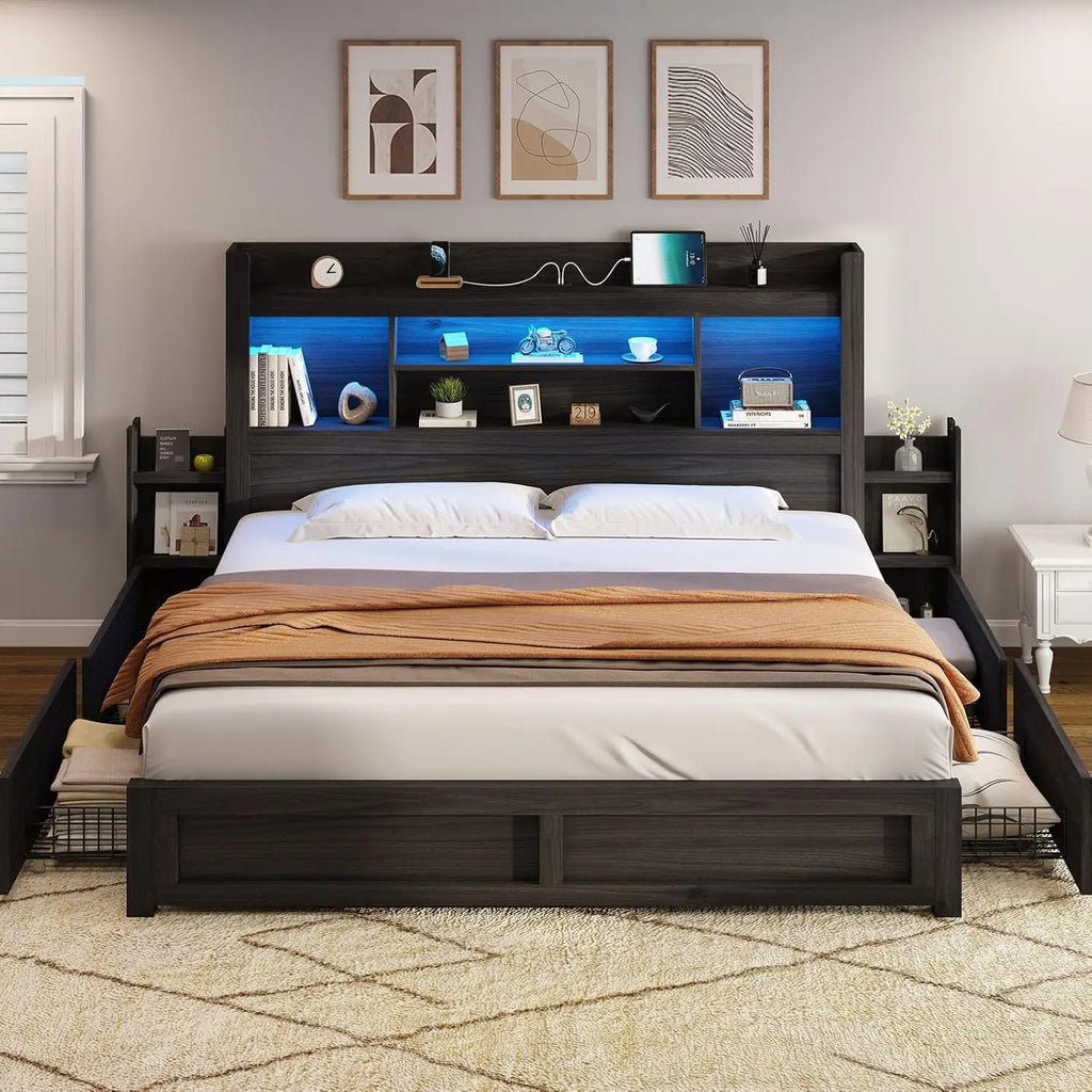 King Size Bed Frame with 4 Storage Drawers, LED Bed Frame with 49.6" Tall Bookcase Headboard, Wood Platform Bed with Charging St