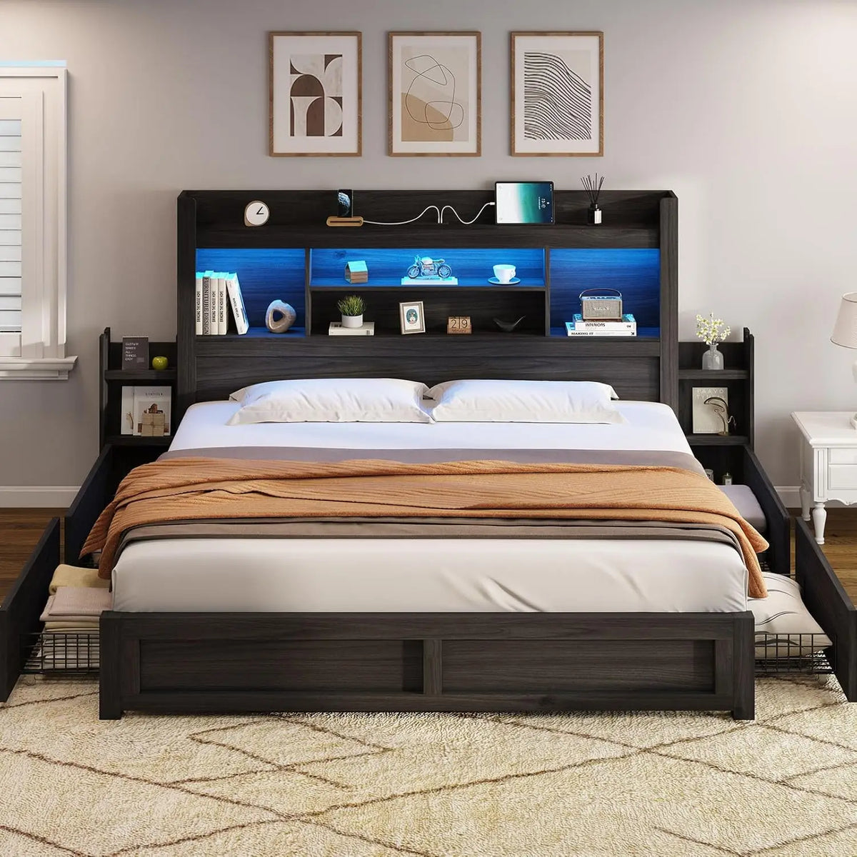 King Size Bed Frame with 4 Storage Drawers, LED Bed Frame with 49.6" Tall Bookcase Headboard, Wood Platform Bed with Charging St