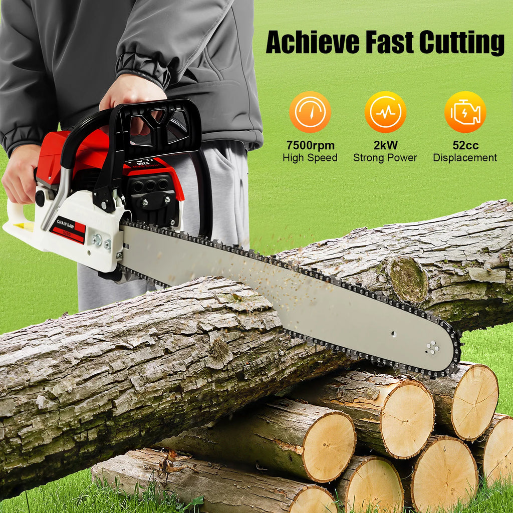 Professional 52cc Gas Chainsaw,2.0KW 7500rpm Power Beast,Ergo Grip & Safety Lock,Professional Wood Cutting Tool,Easy-Start Craft