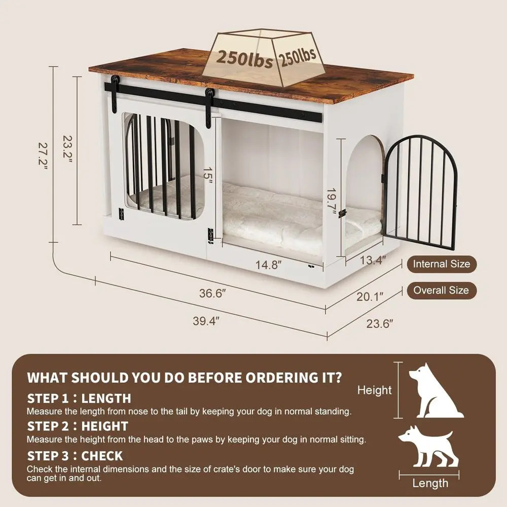 Farmhouse Style Wooden Dog Crate with Cushion, 39.4 Decorative White Indoor Pet House, Suitable for Small to Large Dogs