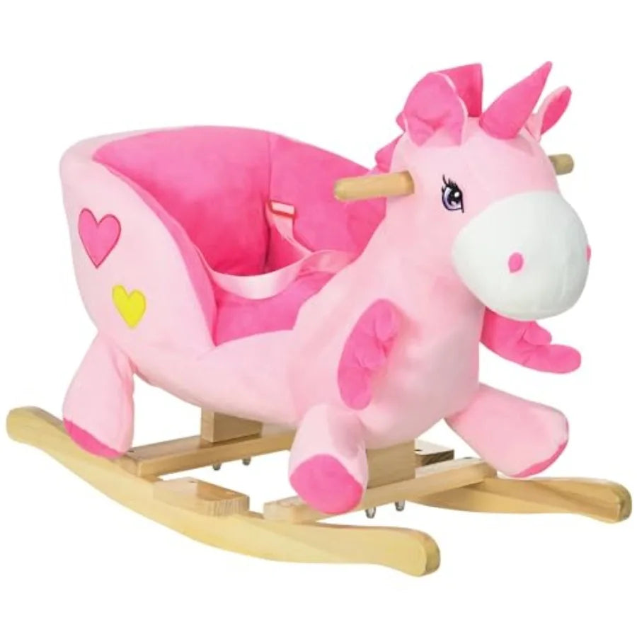 Baby Rocking Horse Ride on Unicorn with 32 Songs Toddler Rocker Toy with Wooden Base Seat Safety Belt for 1.5-3 Year Old Pink
