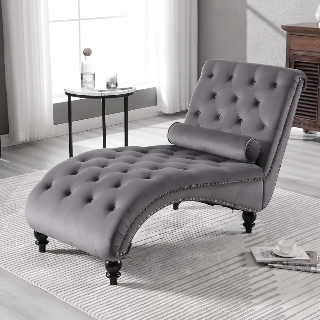 Velvet Button-Tufted Chaise Lounge Chair Indoor Comfortable Seating with Pillow Upholstered Customizable for Bedroom Living Room