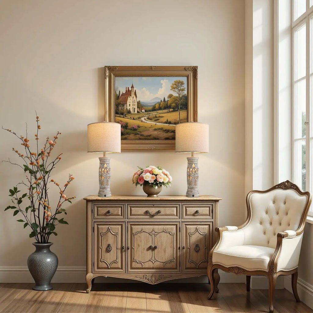 27.25" Rustic Farmhouse Table Lamps Set of 2 - Vintage Bedside Lamps with Night Light & USB Ports, Bulbs Included