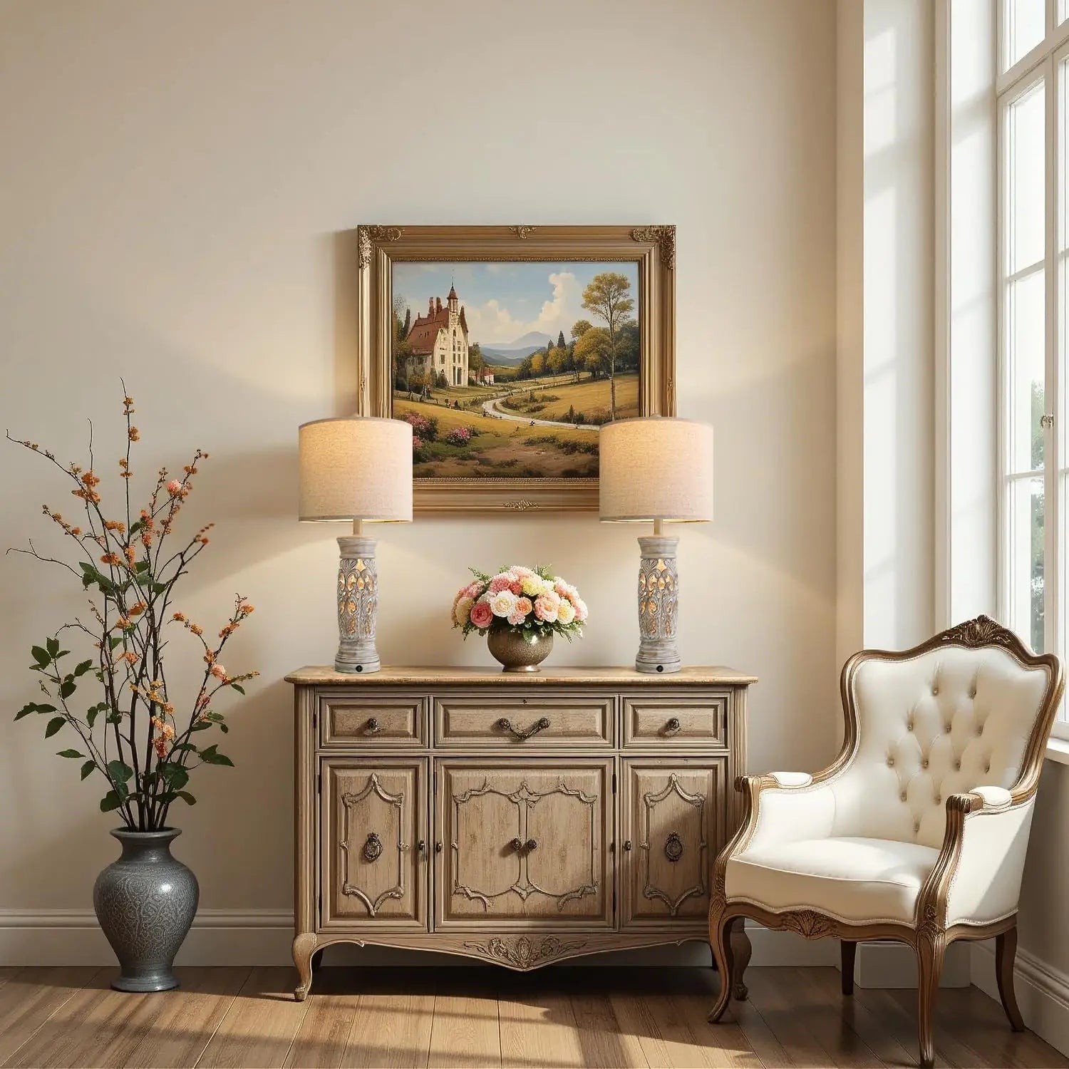 27.25" Rustic Farmhouse Table Lamps Set of 2 - Vintage Bedside Lamps with Night Light & USB Ports, Bulbs Included