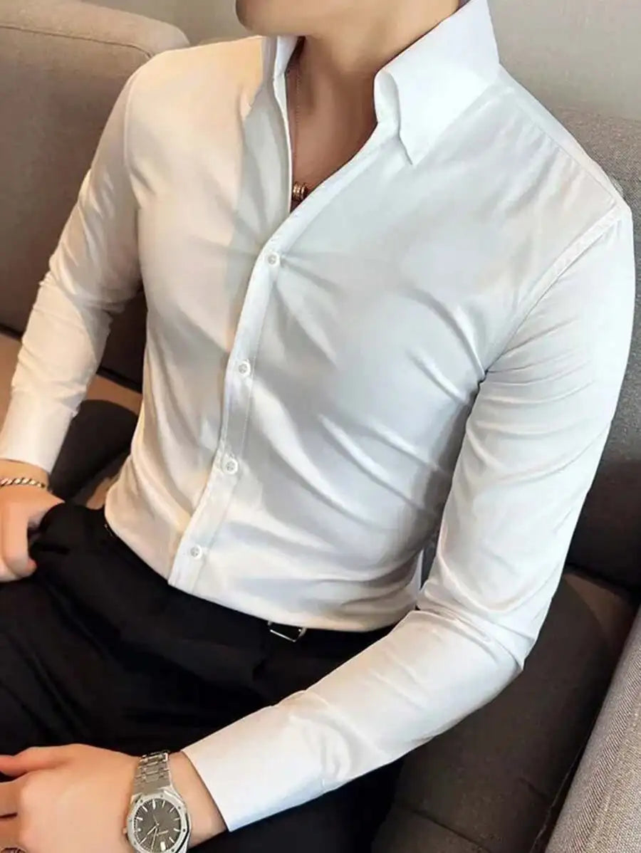 Men's Solid Cream Slim Fit Long Sleeve Button-Down Shirt for Business Casual Wear
