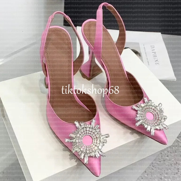 Amina muadii heels designer sandals womens wedding dress shoes satin pointed slingbacks bowtie pumps crystal sunflower flower hi