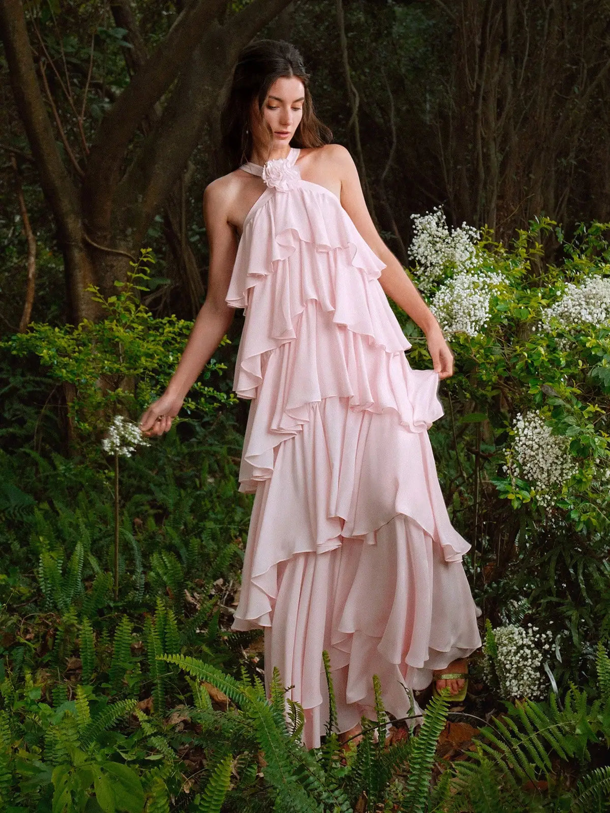 Pink Halter Neck Layered Ruffle Floral Detail Evening Dress