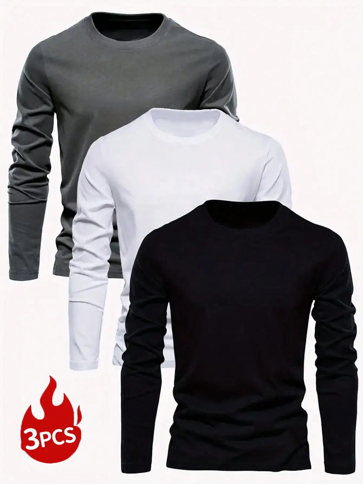 3-Pack Men's Solid Color Round Neck Slim Fit Long Sleeve T-Shirts for Casual Daily Wear