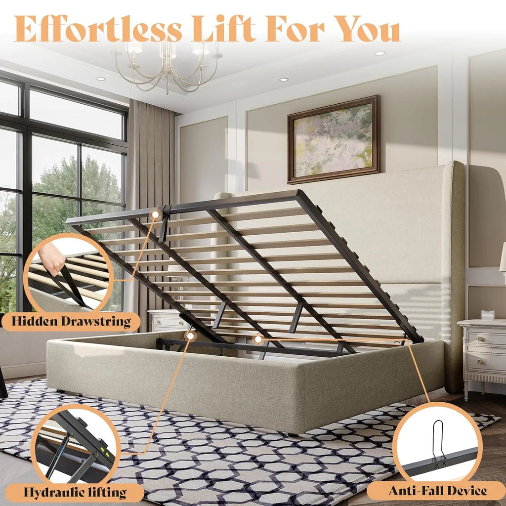 Lift Up Storage Bed King Upholstered Platform Frame Hydraulic Wingback Headboard No Box Spring Khaki, Customized