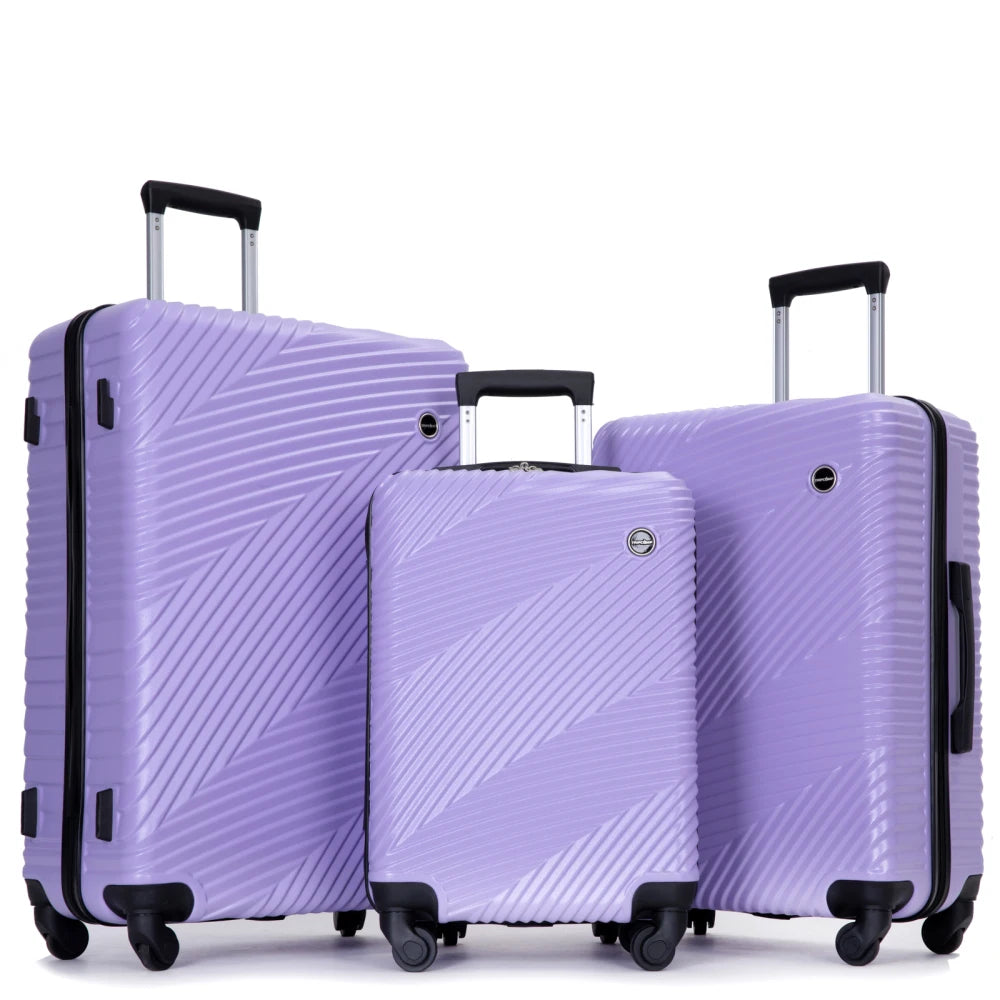 3 Piece Luggage Sets PC+ABS Lightweight Suitcase with Two Hooks Spinner Wheels(20/24/28) Light Purple