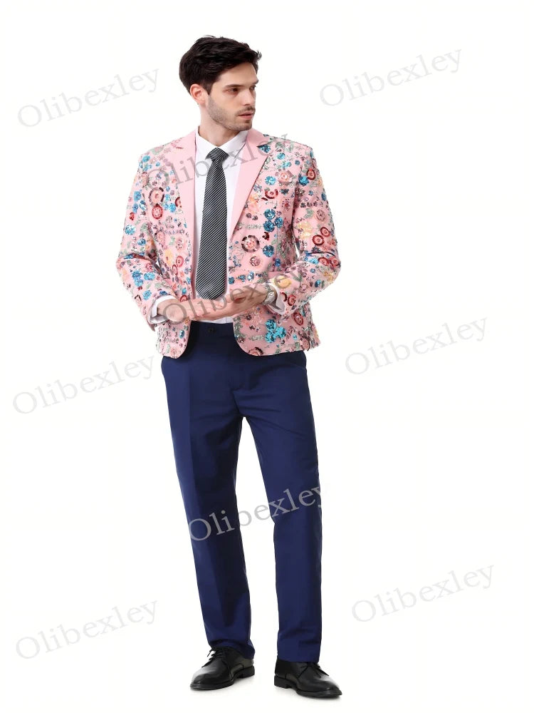 Customized Sequined Men's 2 piece suit High Quality One button Slim Fit Pink Tuxedos Suitable Weddings Groom Business Dinner