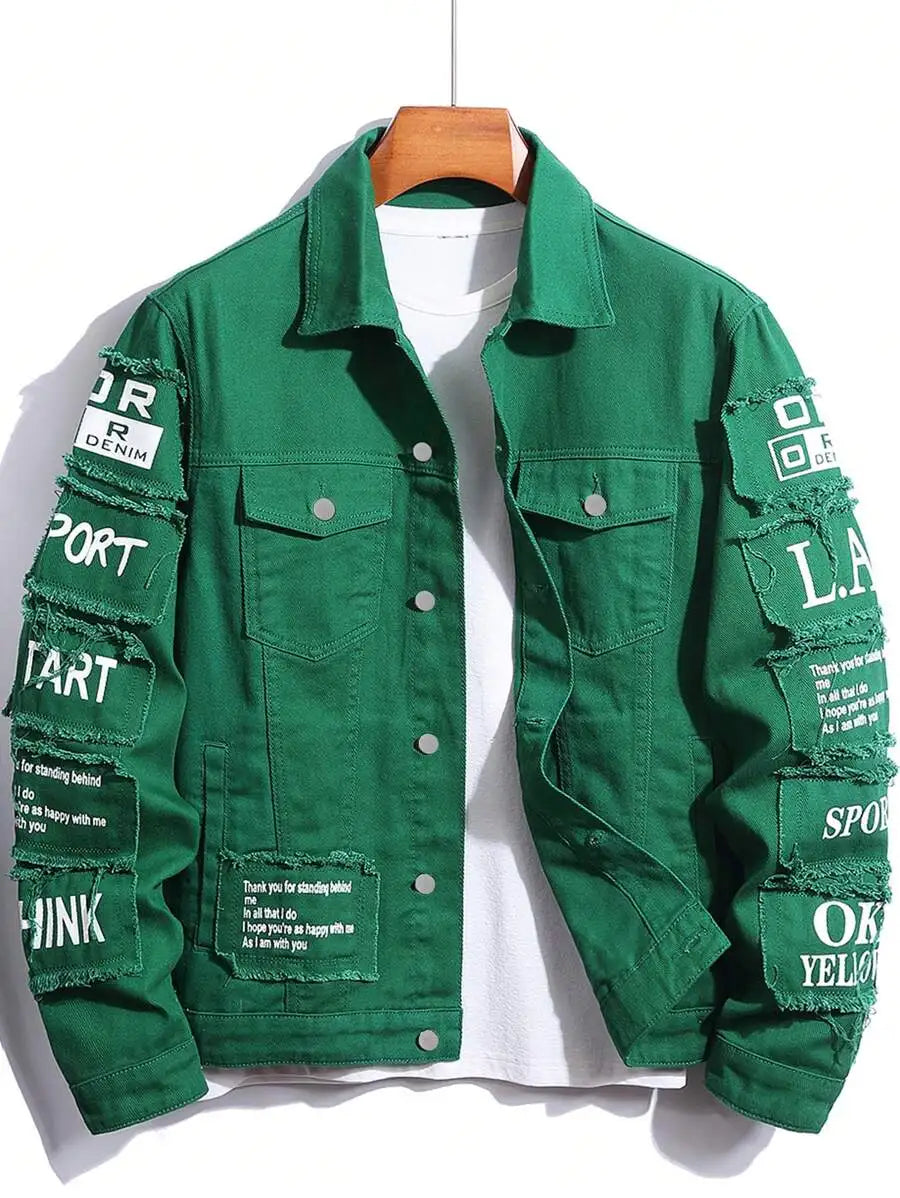 Men's Yellow Distressed Denim Jacket with Slogan Patches, Long Sleeve, Casual Fall Wear